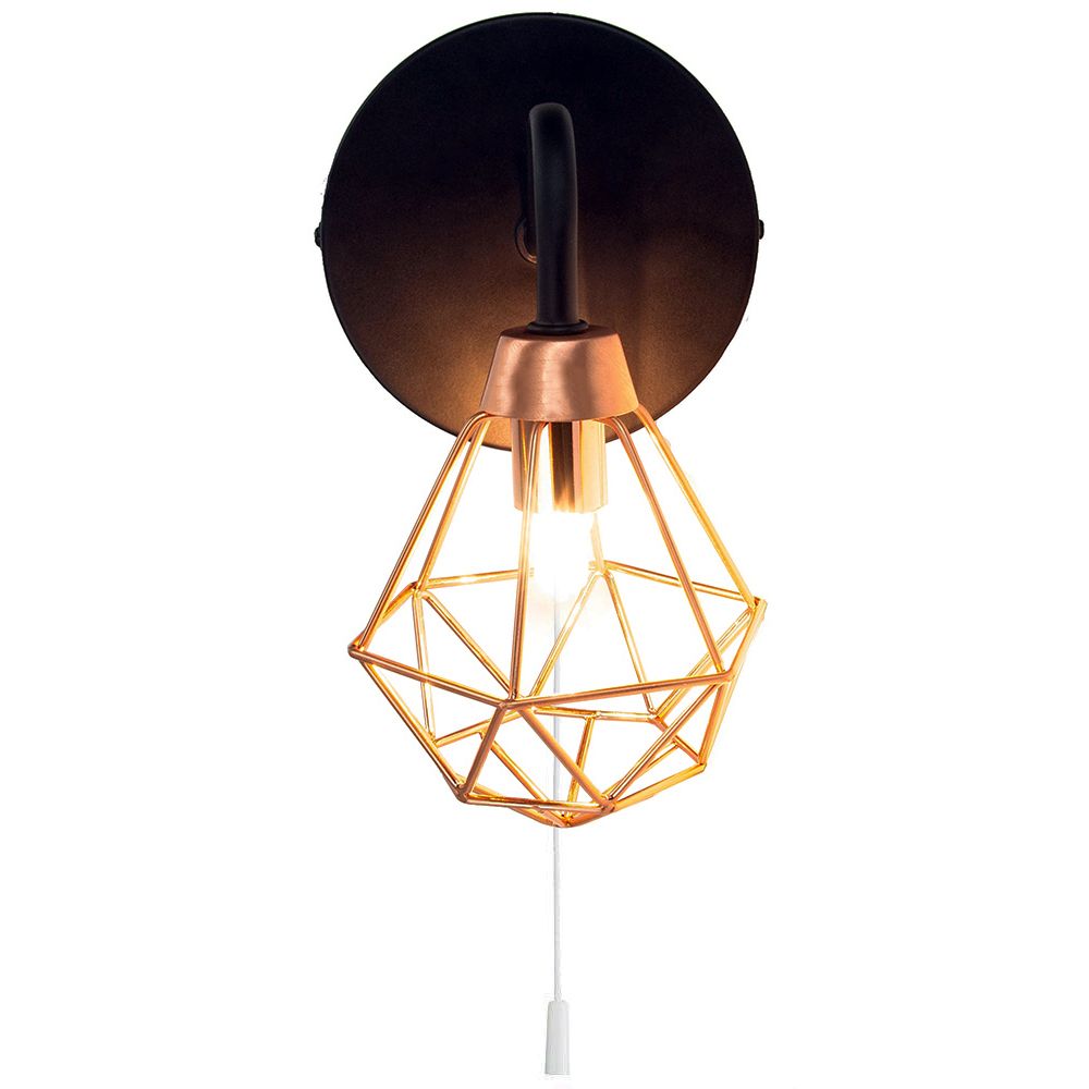 Industrial Matt Black Wall Light With Copper Plated Caged Shade And Pull Switch