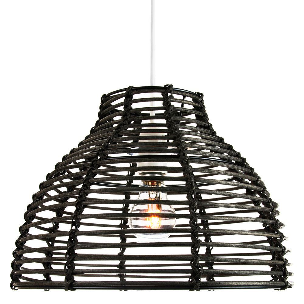 Traditional Basket Style Vintage Black Rattan Wicker Ceiling Pendant