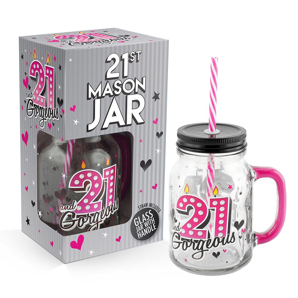 21st Birthday Mason Jar With Metal Lid Glass Handle and Pink/White