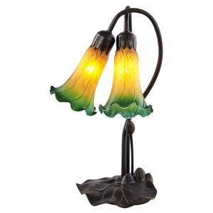 Hand Crafted Green and Amber Glass Double Lily Tiffany Lamp with Bronze Base