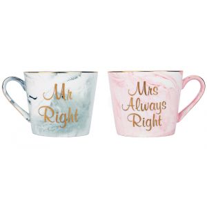 Mr Right & Mrs Always Right Grey and Pink Marble Ceramic Mugs with Golden Trim