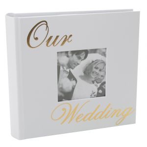 Modern White Wedding Day Photo Album with Gold Foil Text - Holds 80 4x6 Pictures