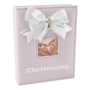 White Faux-Silk Bow and Silver Plated Cross Christening Photo Album in Pink