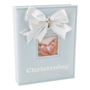 White Faux-Silk Bow and Silver Plated Cross Christening Photo Album in Blue