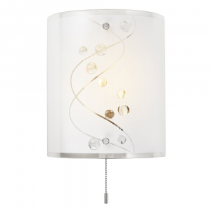 Contemporary White Glass and Clear Glass Beaded Wall Light with Pull Switch