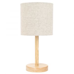 Traditional Rubber Brown Wood Stick Table Lamp with Natural Linen Oatmeal Shade