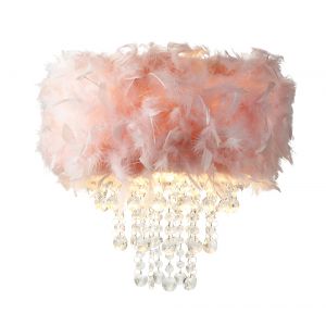Contemporary Pink Feather Pendant Light Shade with Transparent Acrylic Droplets