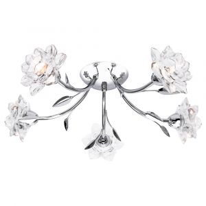Designer 5 Arm Polished Chrome Ceiling Light Fixture with Floral Glass Shades