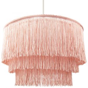 Traditional 3-Tier Pink Fabric Tassels Pendant Light Shade with Decorative Trim