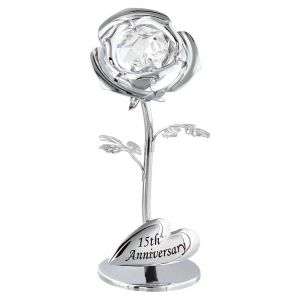 Modern "15th Anniversary" Silver Plated Flower with Clear Swarovski Crystal Bead