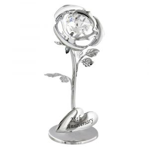 Modern "25th Anniversary" Silver Plated Flower with Clear Swarovski Crystal Bead