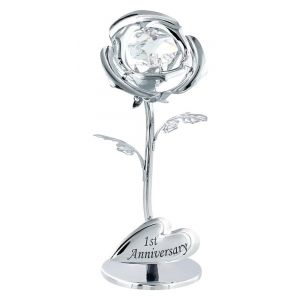 Modern "1st Anniversary" Silver Plated Flower with Clear Swarovski Crystal Bead
