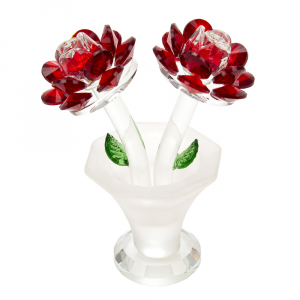 Modern Designer Deep Red Floral Crystal Glass Sculpture with Small Green Leaves