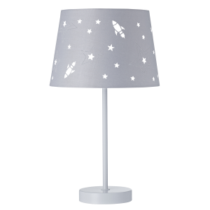 Fun and Chic Grey Table Lamp with Cotton Fabric Shade with Rockets and Stars