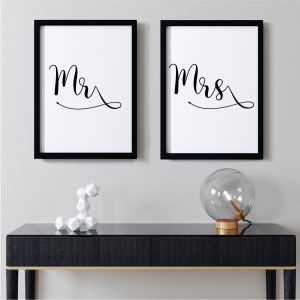 Mr & Mrs Double Wall Art Print Pair | A3 Black Wood Grain Effect Frame
