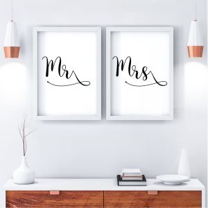 Mr & Mrs Double Wall Art Print Pair | A3 White Wood Grain Effect Frame