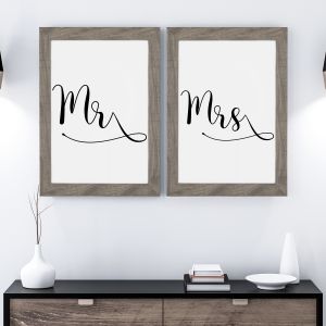 Mr & Mrs Double Wall Art Print Pair | A3 Grey Wood Grain Effect Frame