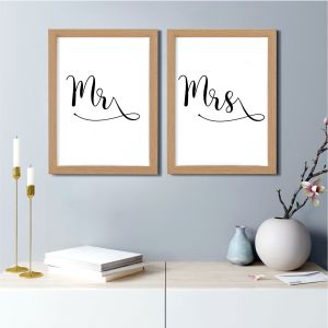 Mr & Mrs Double Wall Art Print Pair | A4 Oak Wood Grain Effect Frame