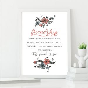 Floral Friendship Poem Wall Art Print | Gift for a Friend | A3 w/ White Frame