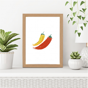 Striking Chilli Wall Art Illustration | Food Art Print | A3 with Oak Frame
