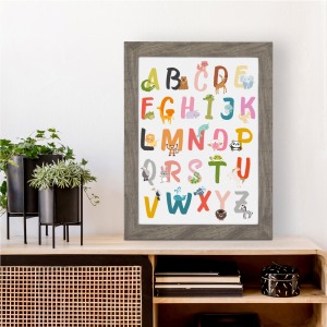 Children's Animal Alphabet Wall Art Print | Cute Bedroom Art | A3 w/ Grey Frame
