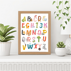 Children's Animal Alphabet Wall Art Print | Cute Bedroom Art | A4 w/ Oak Frame