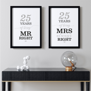 Mr Right/Mrs Always Right Art Print | 25th Anniversary Gift | A3 w/ Black Frame
