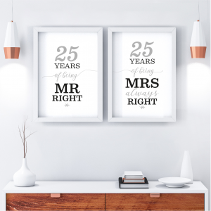 Mr Right/Mrs Always Right Art Print | 25th Anniversary Gift | A3 w/ White Frame