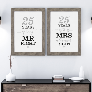 Mr Right/Mrs Always Right Art Print | 25th Anniversary Gift | A3 w/ Grey Frame