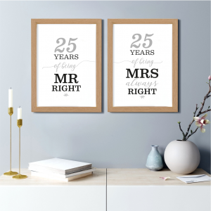 Mr Right/Mrs Always Right Art Print | 25th Anniversary Gift | A4 w/ Oak Frame