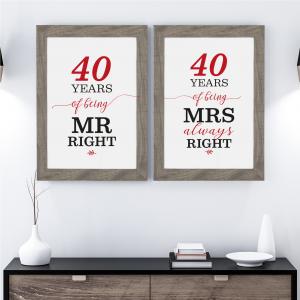 Mr Right/Mrs Always Right Art Print | 40th Anniversary Gift | A3 w/ Grey Frame
