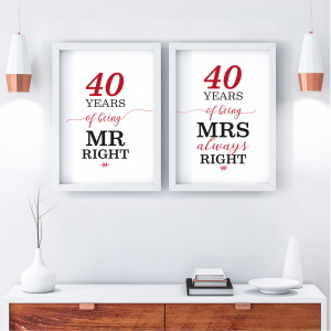 Mr Right/Mrs Always Right Art Print | 40th Anniversary Gift | A5 w/ White Frame