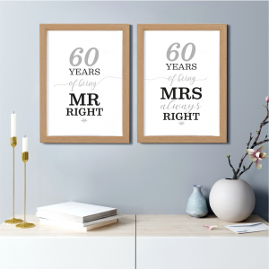 Mr Right/Mrs Always Right Art Print | 60th Anniversary Gift | A3 w/ Oak Frame