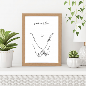 Father and Son Holding Hands Line Art Print | Gift for Dad | A3 with Oak Frame