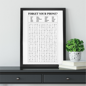 Forgot Your Phone Bathroom Wall Print | Toilet Word Search | A3 with Black Frame