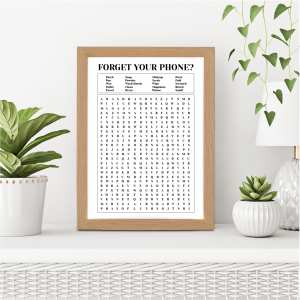 Forgot Your Phone Bathroom Wall Print | Toilet Word Search | A3 with Oak Frame