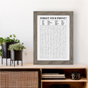 Forgot Your Phone Bathroom Wall Print | Toilet Word Search | A3 with Grey Frame
