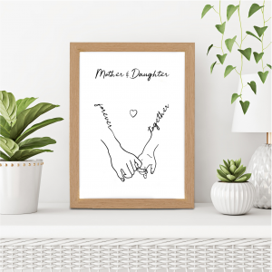 Mother and Daughter Line Art Print | Gift for Mum | A3 with Oak Frame