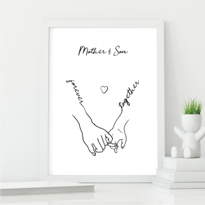 Mother and Son Holding Hands Line Art Print | Gift for Mum | A3 with White Frame