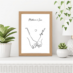 Mother and Son Holding Hands Line Art Print | Gift for Mum | A3 with Oak Frame