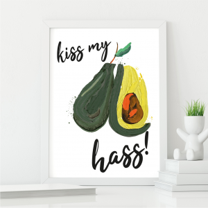 Kiss My Hass Avocado Pun Funny Kitchen Art | Vegetable Pun | A3 with White Frame