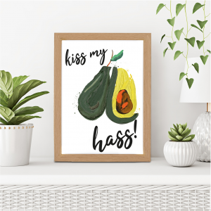 Kiss My Hass Avocado Pun Funny Kitchen Art | Vegetable Pun | A3 with Oak Frame