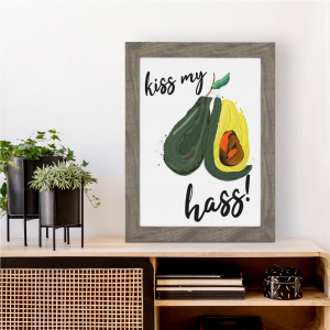 Kiss My Hass Avocado Pun Funny Kitchen Art | Vegetable Pun | A3 with Grey Frame