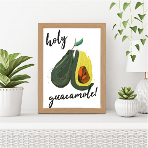 Holy Guacamole Avocado Funny Kitchen Art | Vegetable Pun | A3 with Oak Frame