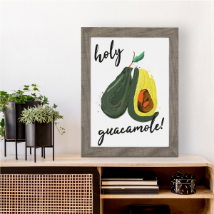 Holy Guacamole Avocado Funny Kitchen Art | Vegetable Pun | A4 with Grey Frame