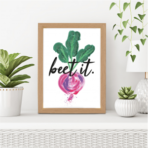 Beet It Beetroot Funny Kitchen Wall Art | Vegetable Pun | A3 with Oak Frame