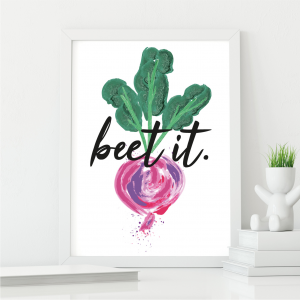 Beet It Beetroot Funny Kitchen Wall Art | Vegetable Pun | A4 with White Frame