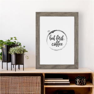 But First Coffee Stain Kitchen Wall Art | Coffee Lover Gift | A3 w/ Grey Frame