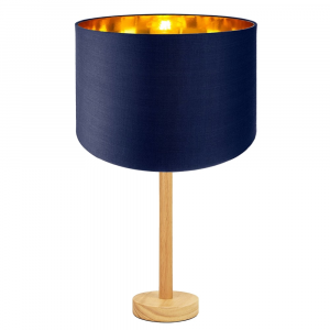 Stylish Light Rubber Wood Table Lamp with 12" Navy Shade with Shiny Inner