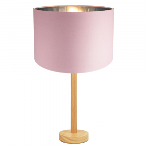 Stylish Light Rubber Wood Table Lamp with 12" Pink Cotton Shade with Shiny Inner
